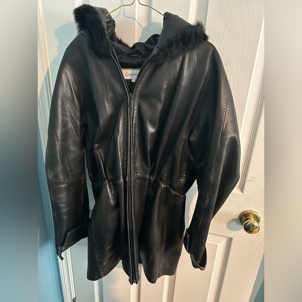 Calvin Klein Leather Jacket with Fur-Lined Hoodie Women’s L (Read Description)